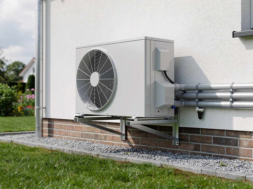 Bloc extérieur d'une pompe à chaleur air-eau fixé contre la façade d'une maison