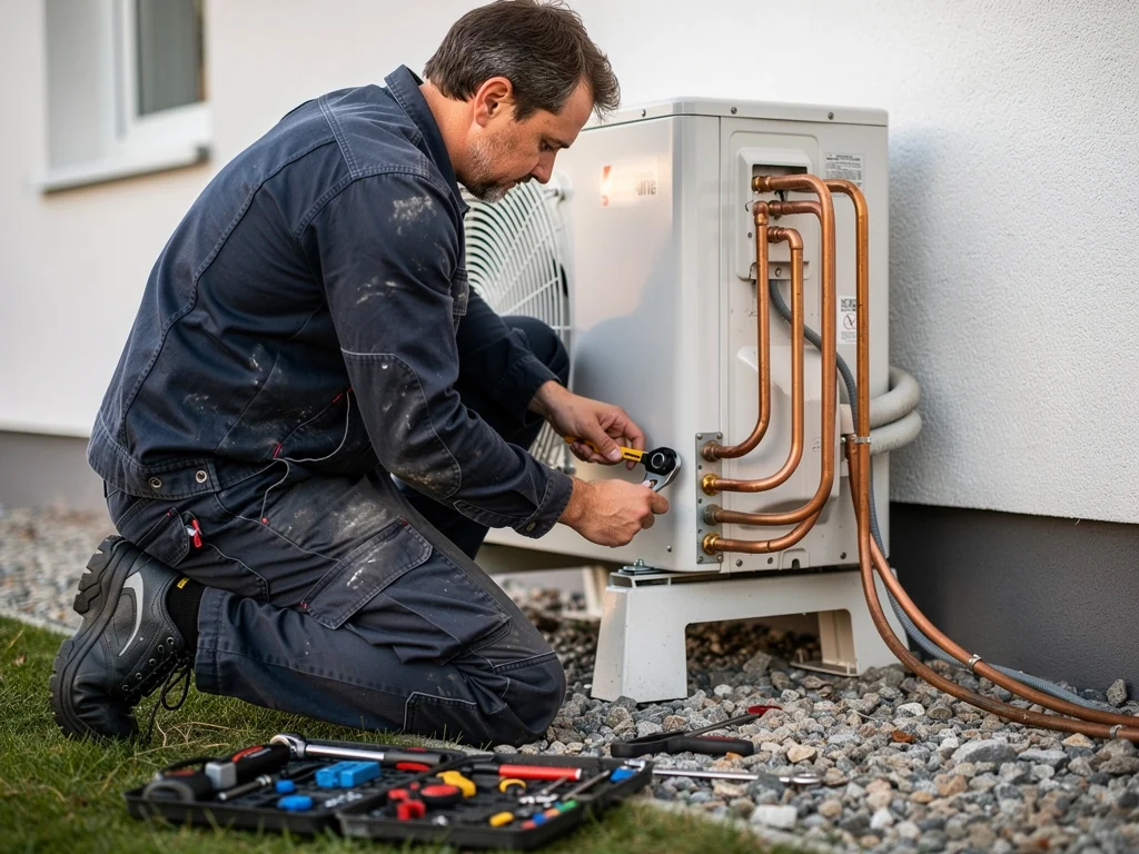 Chauffagiste RGE raccordant une pompe à chaleur en cours d'installation