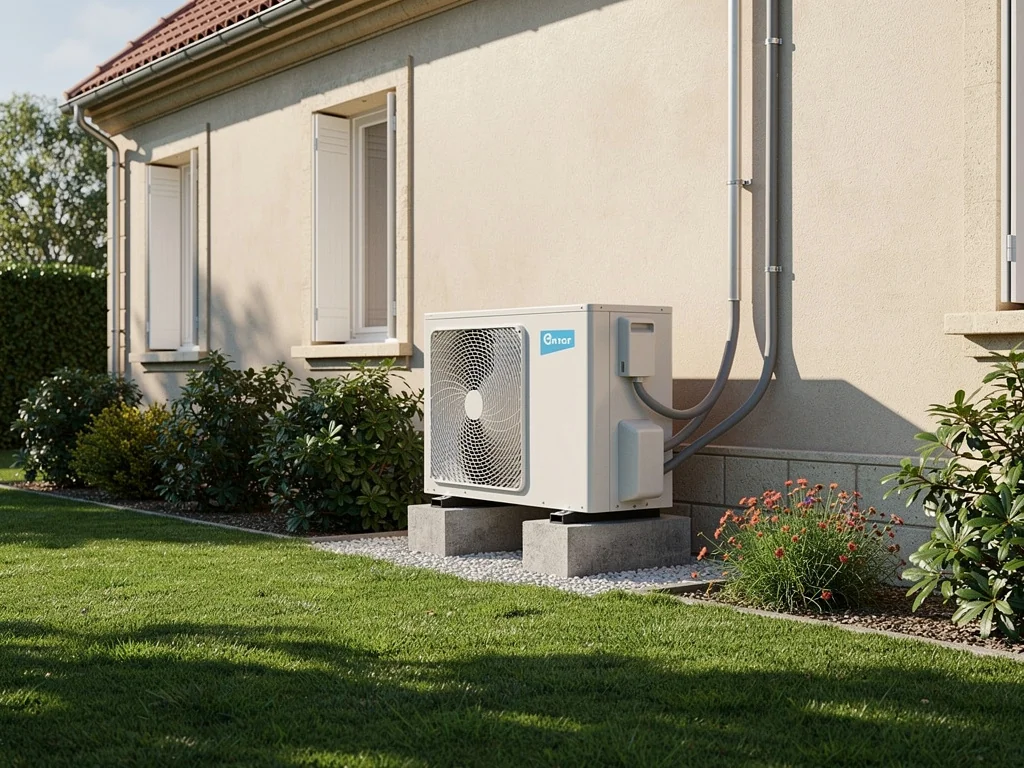 Pompe à chaleur air-eau posée sur plots dans le jardin d'un pavillon